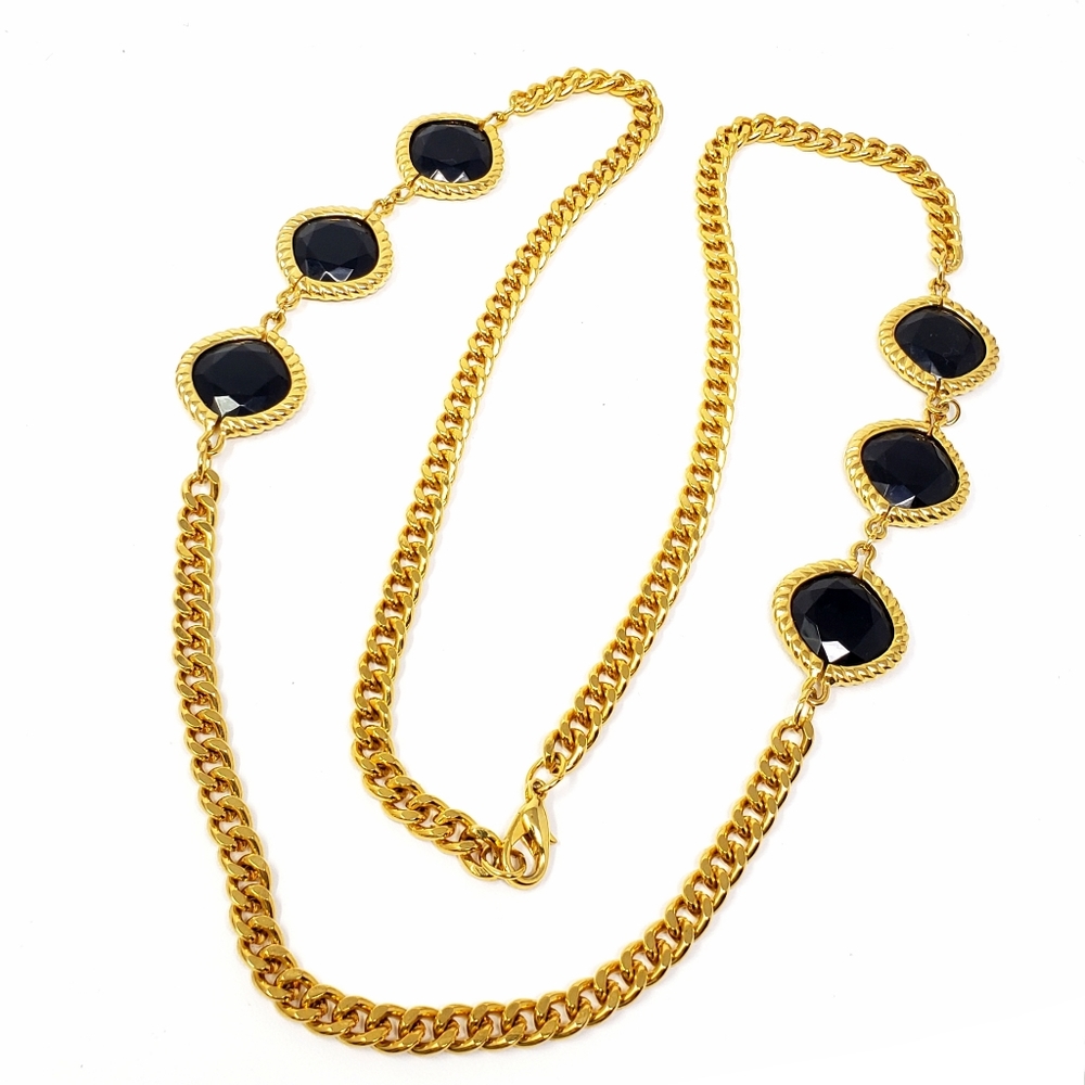 Jet Black Faceted Stone Goldtone Chain Necklace